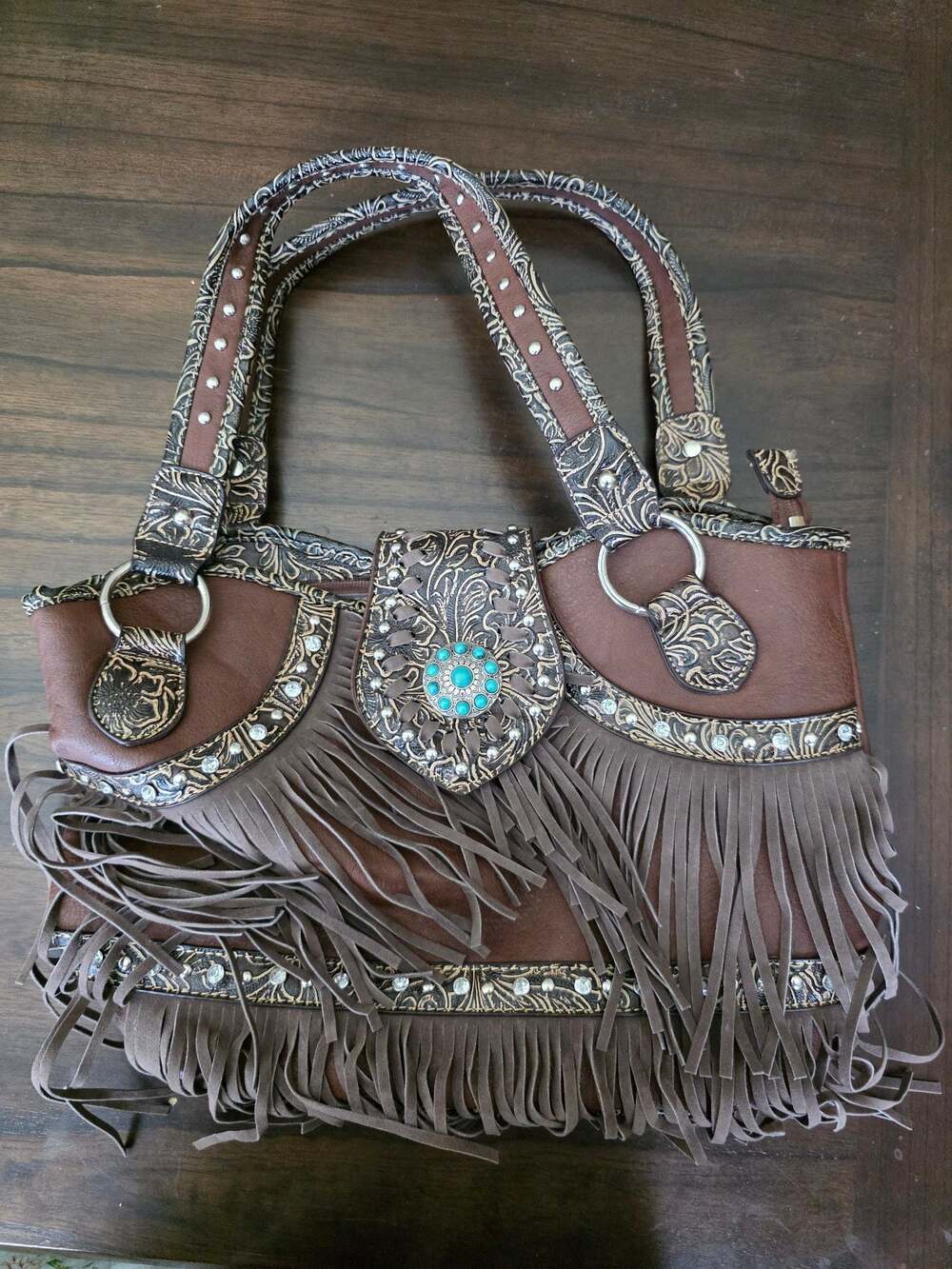 Jesse James Brown Tooled Western Fringe Shoulder Bag & Turquoise Concho